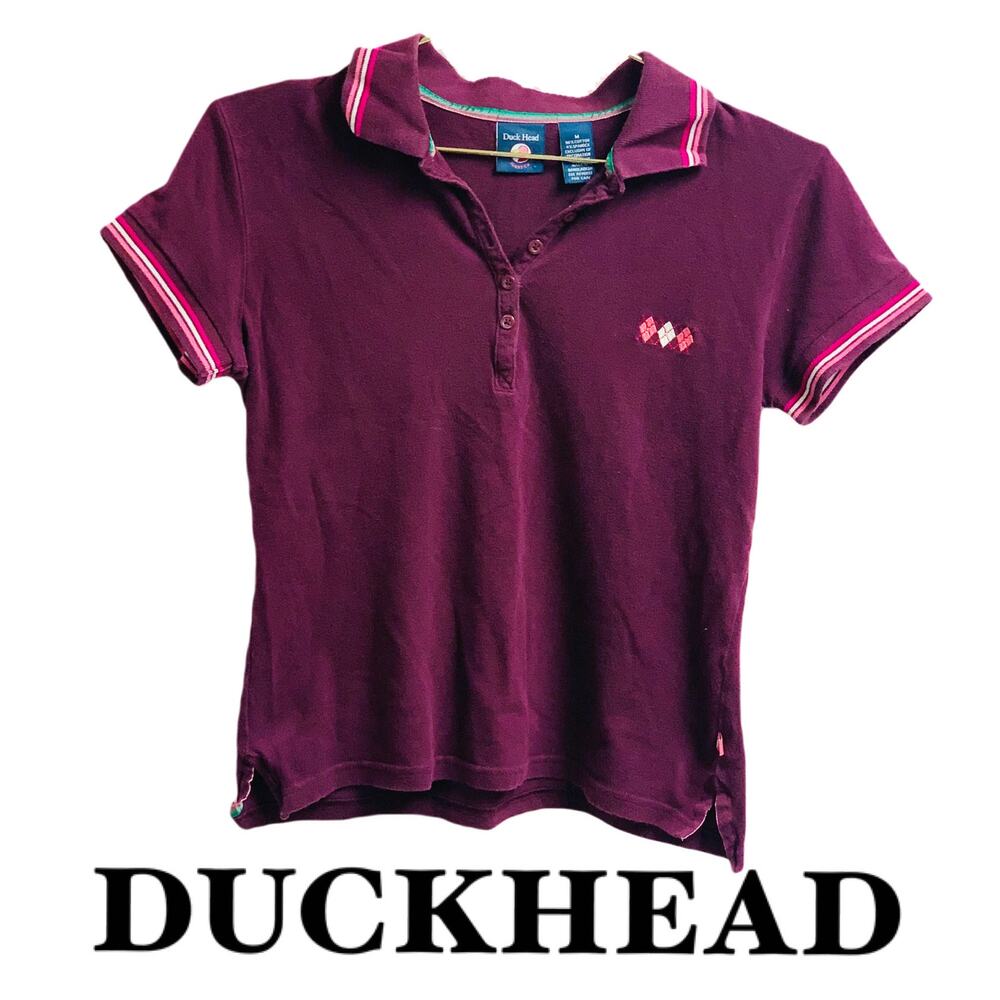 Vintage Duckhead Maroon Preppy Y2K fitted Polo Shirt Striped Trim Womens Size M
